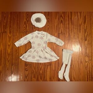 Girls 6-9M Dress Set - Long Sleeve Ribbed Floral Dress With Beret & Tights